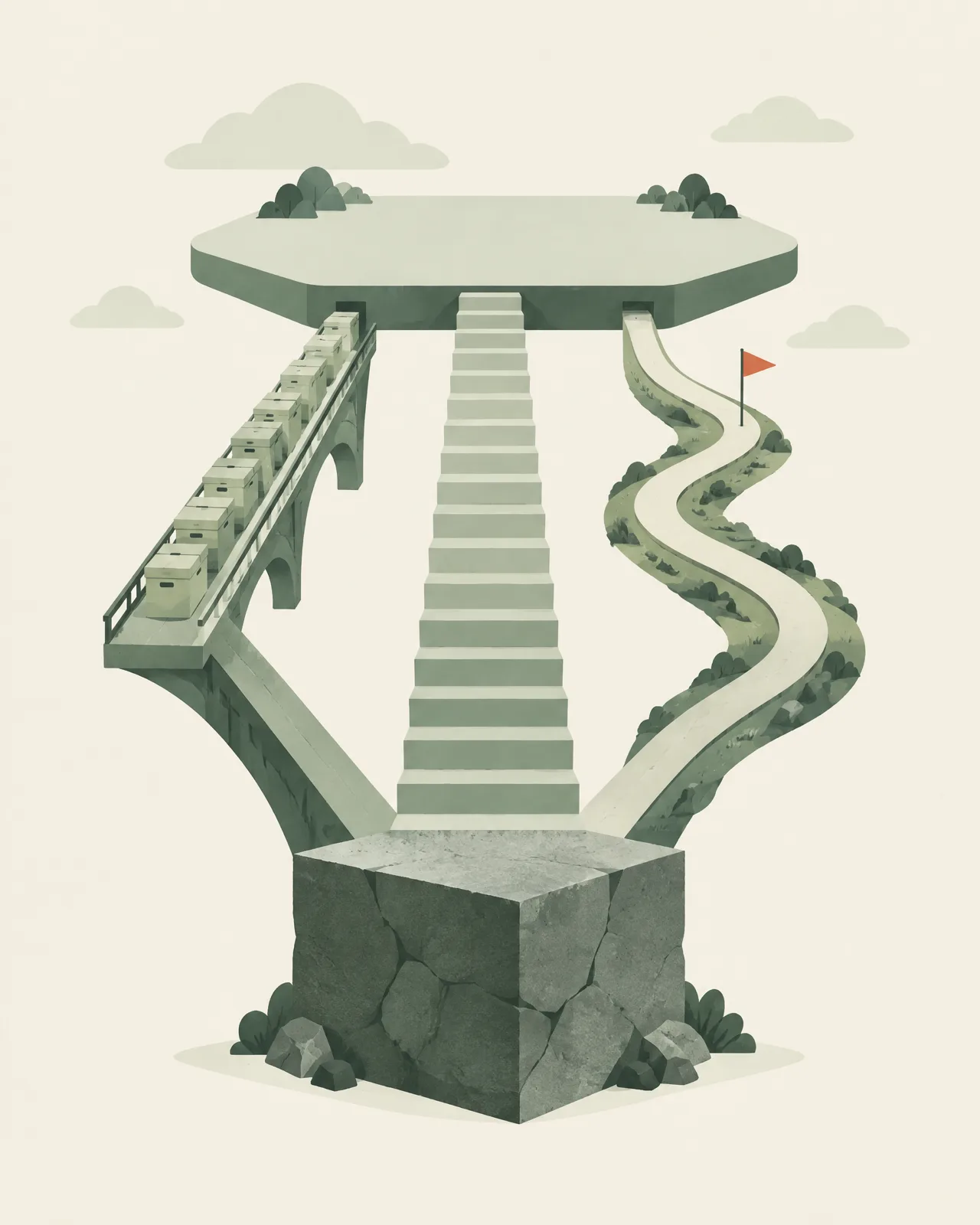 Abstrakt illustration af tre forskellige veje, der fører frem til det samme mål