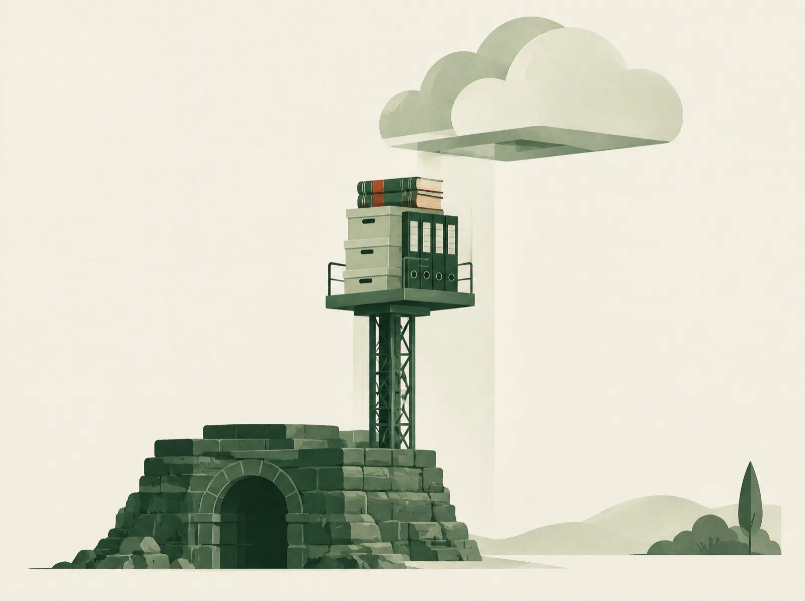 Illustration af en løftet platform, der symboliserer at eksisterende data og opsætning flyttes med over